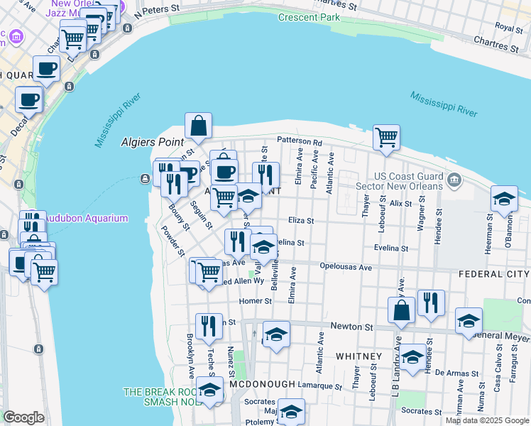 map of restaurants, bars, coffee shops, grocery stores, and more near 502 Olivier Street in New Orleans
