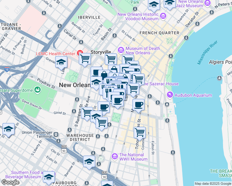 map of restaurants, bars, coffee shops, grocery stores, and more near 330 Carondelet Street in New Orleans