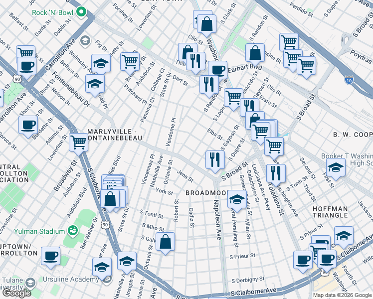 map of restaurants, bars, coffee shops, grocery stores, and more near 4321 Fontainebleau Drive in New Orleans