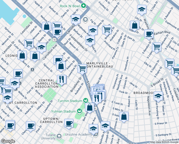 map of restaurants, bars, coffee shops, grocery stores, and more near 7131 South Claiborne Avenue in New Orleans
