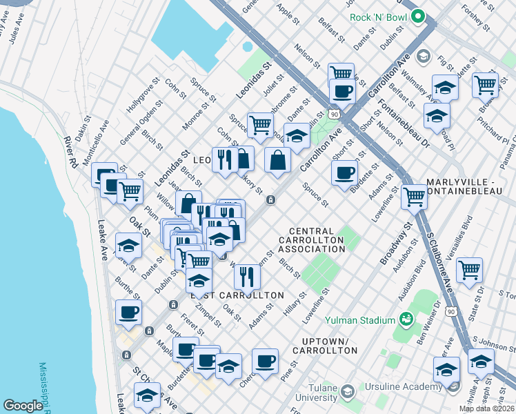 map of restaurants, bars, coffee shops, grocery stores, and more near 1627 South Carrollton Avenue in New Orleans