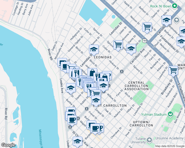 map of restaurants, bars, coffee shops, grocery stores, and more near 8322 Willow Street in New Orleans