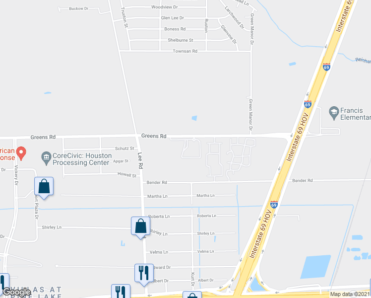 map of restaurants, bars, coffee shops, grocery stores, and more near 5900 Greens Road in Humble