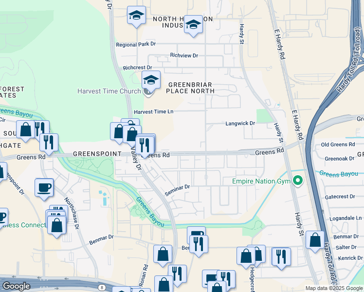map of restaurants, bars, coffee shops, grocery stores, and more near 838 Greens Road in Houston