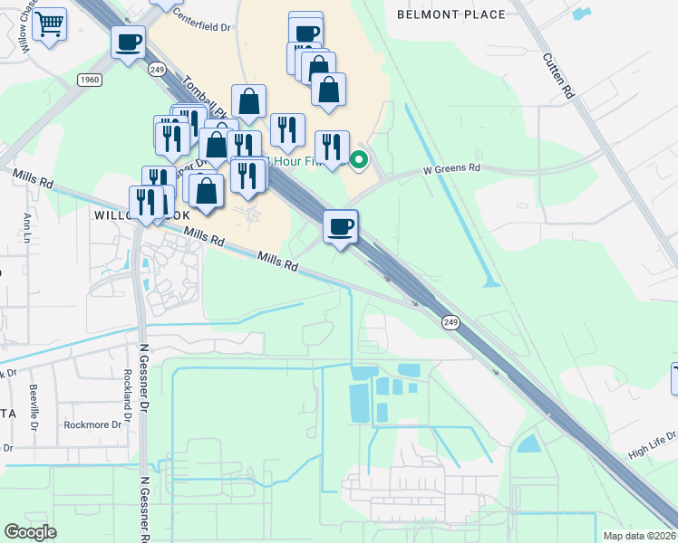 map of restaurants, bars, coffee shops, grocery stores, and more near Mills Road in Houston