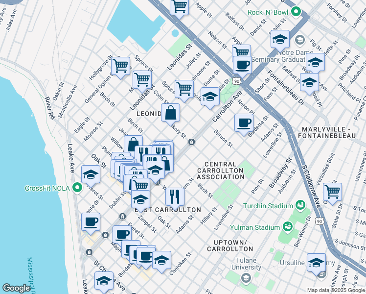 map of restaurants, bars, coffee shops, grocery stores, and more near 1627 South Carrollton Avenue in New Orleans
