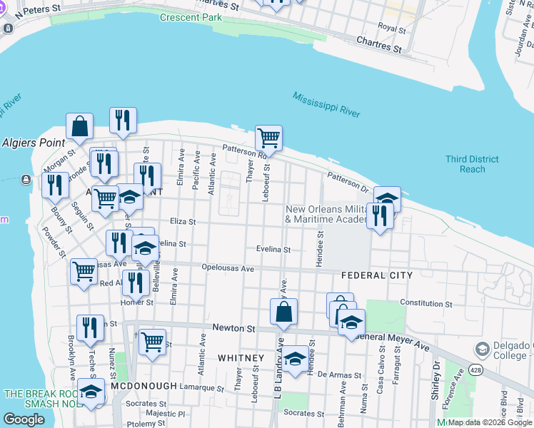 map of restaurants, bars, coffee shops, grocery stores, and more near 509 Leboeuf Street in New Orleans
