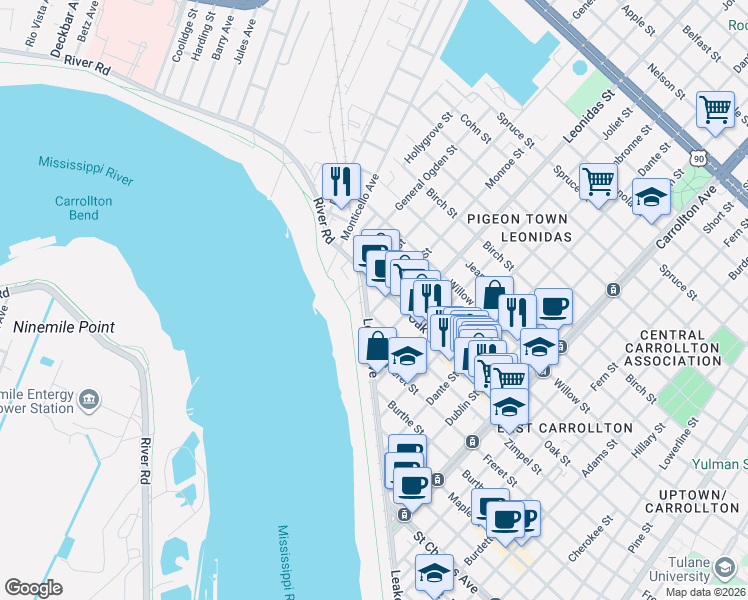 map of restaurants, bars, coffee shops, grocery stores, and more near 8623 Zimple Street in New Orleans