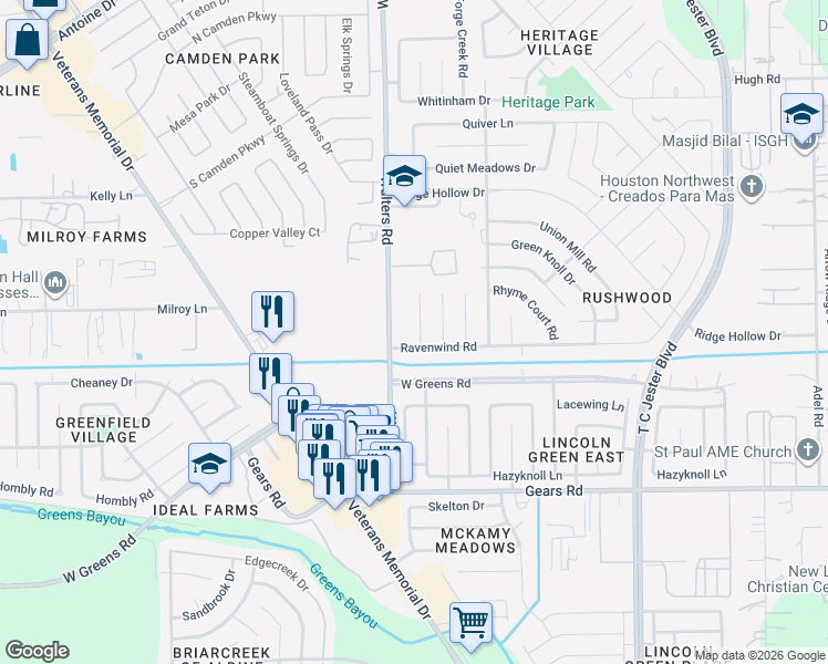 map of restaurants, bars, coffee shops, grocery stores, and more near 11526 Walters Road in Houston