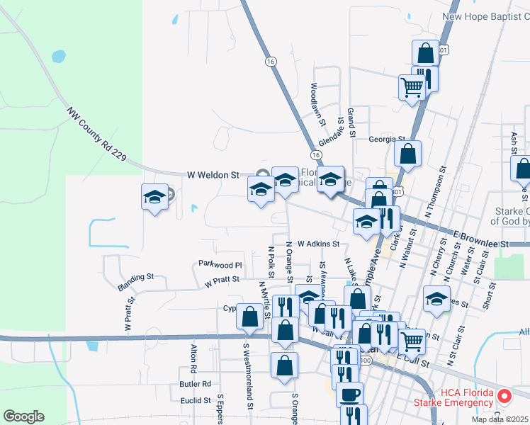 map of restaurants, bars, coffee shops, grocery stores, and more near 527 North Orange Street in Starke