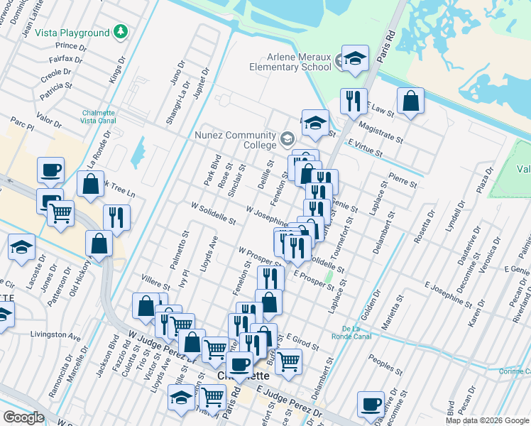 map of restaurants, bars, coffee shops, grocery stores, and more near 3411 Delille Street in Chalmette
