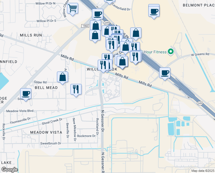 map of restaurants, bars, coffee shops, grocery stores, and more near 12330 North Gessner Road in Houston