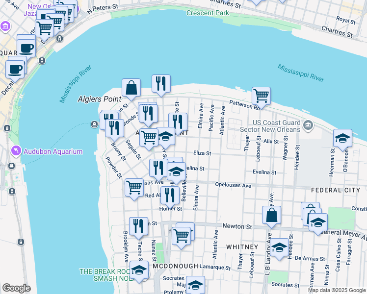 map of restaurants, bars, coffee shops, grocery stores, and more near 400 Belleville Street in New Orleans