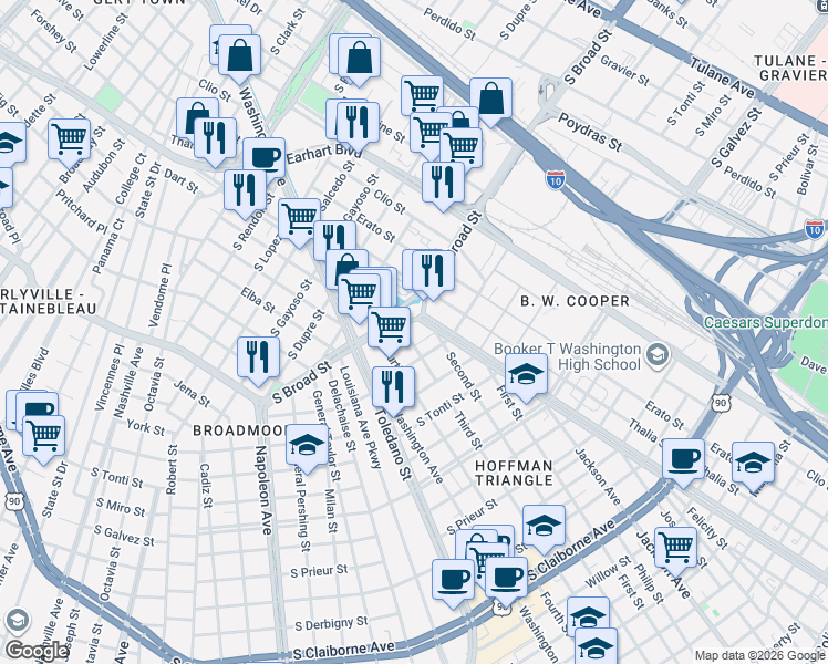 map of restaurants, bars, coffee shops, grocery stores, and more near 2503 South Broad Street in New Orleans