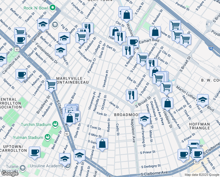 map of restaurants, bars, coffee shops, grocery stores, and more near 4031 Vendome Place in New Orleans