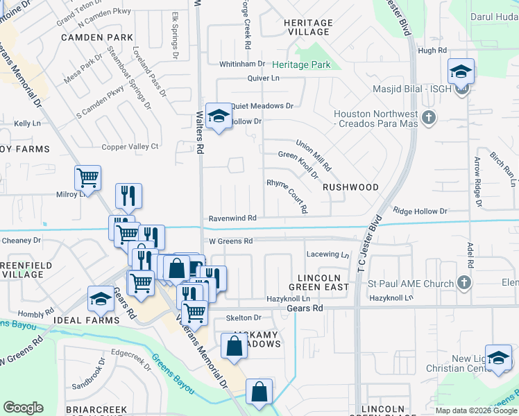 map of restaurants, bars, coffee shops, grocery stores, and more near 11526 New Vista Lane in Houston
