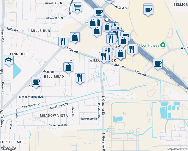map of restaurants, bars, coffee shops, grocery stores, and more near 12331 North Gessner Road in Houston