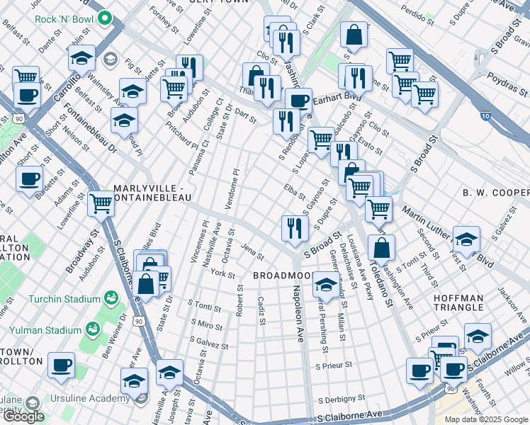 map of restaurants, bars, coffee shops, grocery stores, and more near 4409 Walmsley Avenue in New Orleans