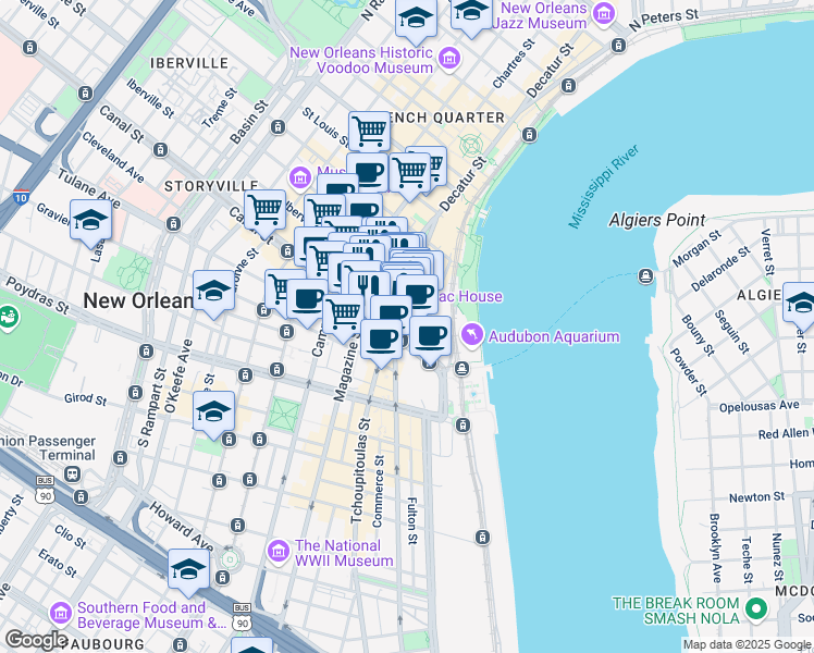 map of restaurants, bars, coffee shops, grocery stores, and more near 365 Canal Street in New Orleans