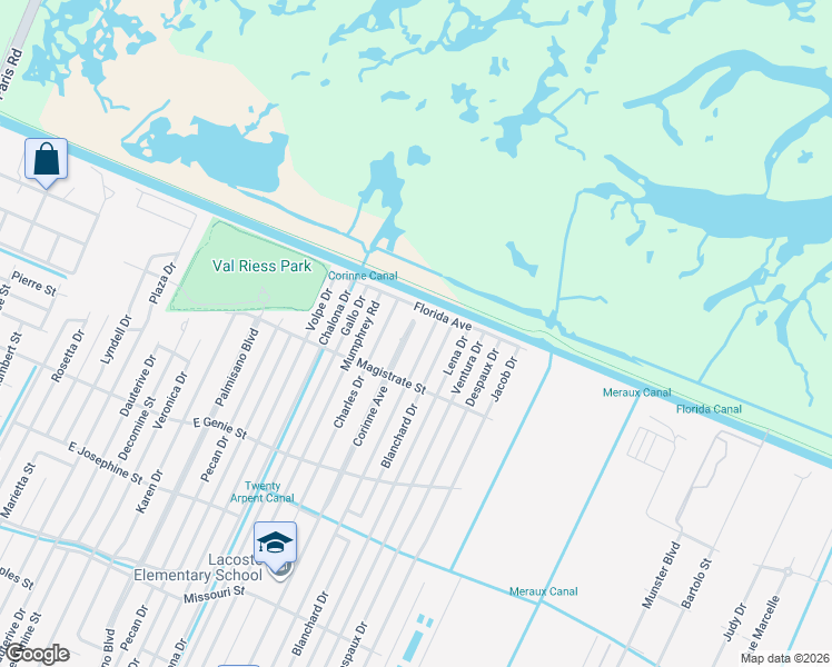 map of restaurants, bars, coffee shops, grocery stores, and more near 1900 Florida Avenue in Chalmette