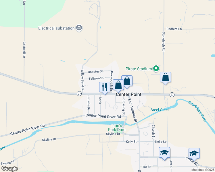 map of restaurants, bars, coffee shops, grocery stores, and more near 303 Westwind in Center Point