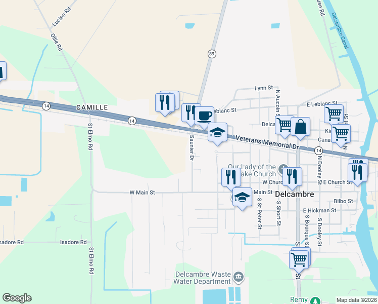 map of restaurants, bars, coffee shops, grocery stores, and more near 317 Saunier Drive in Delcambre