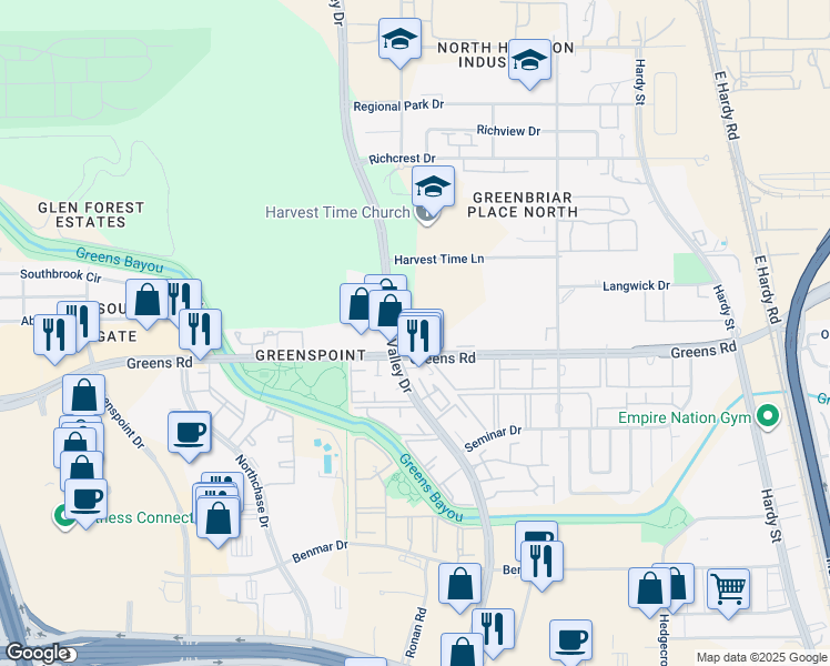 map of restaurants, bars, coffee shops, grocery stores, and more near 17602 Imperial Valley Drive in Houston