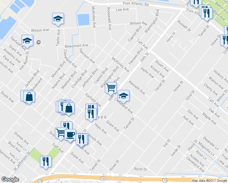 map of restaurants, bars, coffee shops, grocery stores, and more near 6525 39th Street in Groves