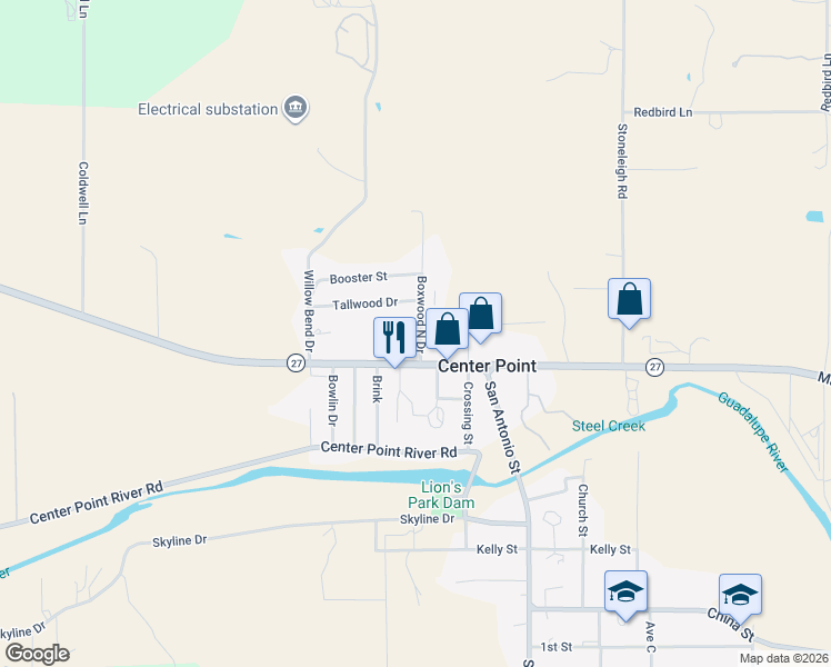map of restaurants, bars, coffee shops, grocery stores, and more near 201 Westwind in Center Point