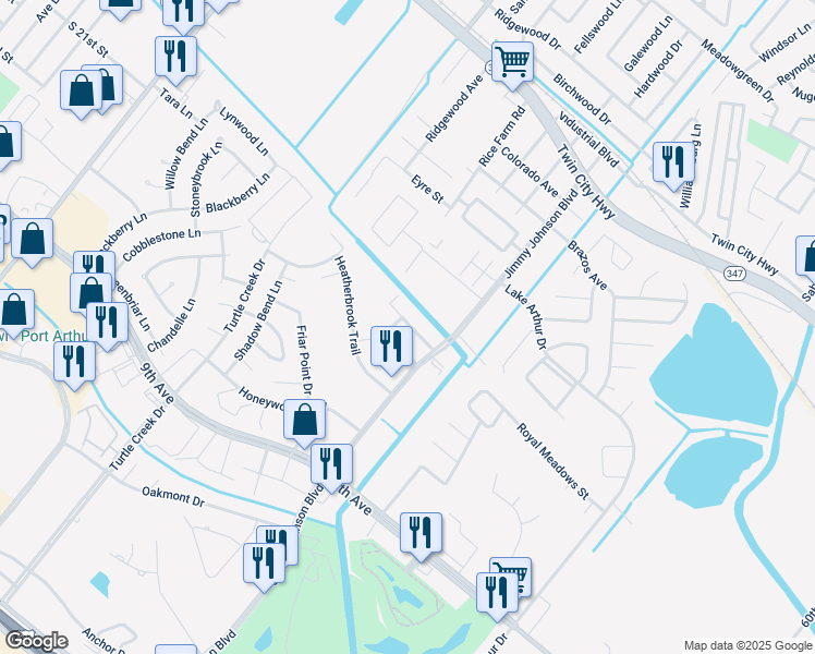 map of restaurants, bars, coffee shops, grocery stores, and more near 4251 Jimmy Johnson Boulevard in Port Arthur