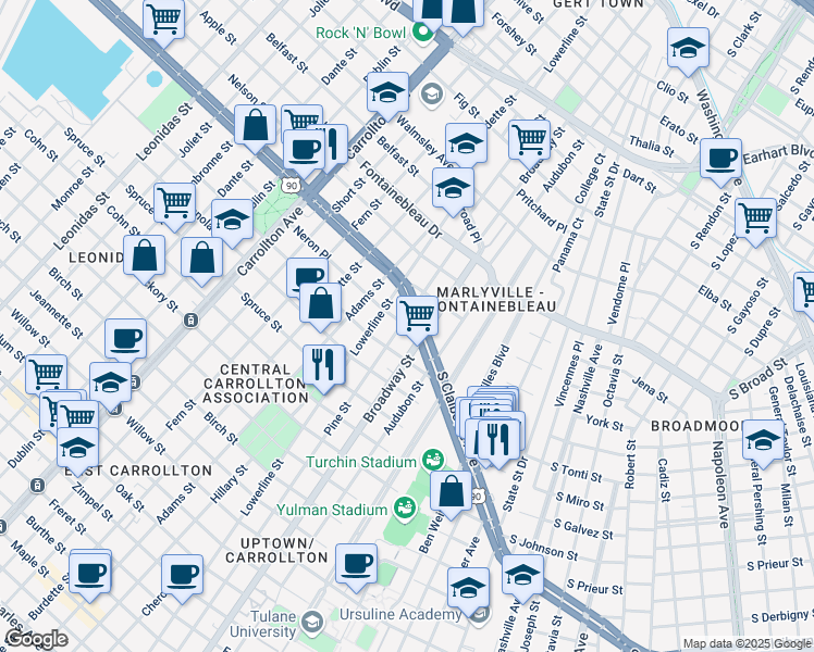 map of restaurants, bars, coffee shops, grocery stores, and more near 75 Neron Place in New Orleans