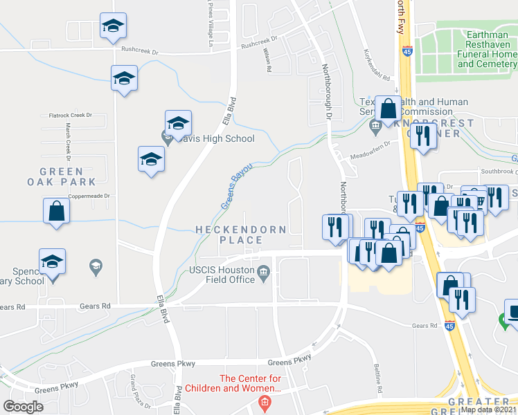 map of restaurants, bars, coffee shops, grocery stores, and more near 832 West Greens Road in Houston