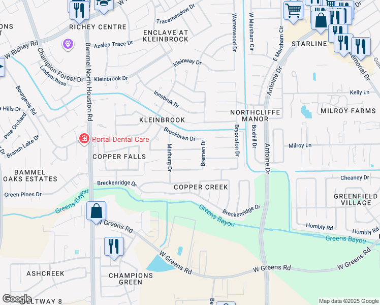 map of restaurants, bars, coffee shops, grocery stores, and more near 4726 Silver Frost Drive in Houston