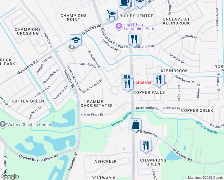 map of restaurants, bars, coffee shops, grocery stores, and more near 5406 Bourgeois Road in Houston