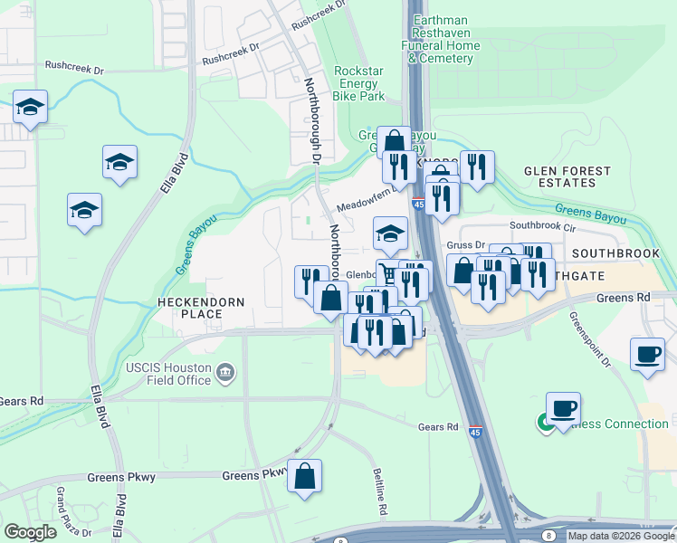 map of restaurants, bars, coffee shops, grocery stores, and more near 12603 Northborough Drive in Houston