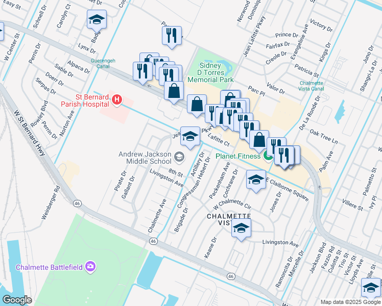 map of restaurants, bars, coffee shops, grocery stores, and more near 201 8th Street in Chalmette