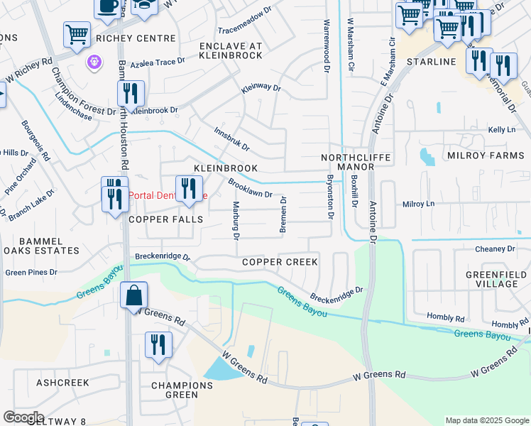 map of restaurants, bars, coffee shops, grocery stores, and more near 4726 Silver Frost Drive in Houston