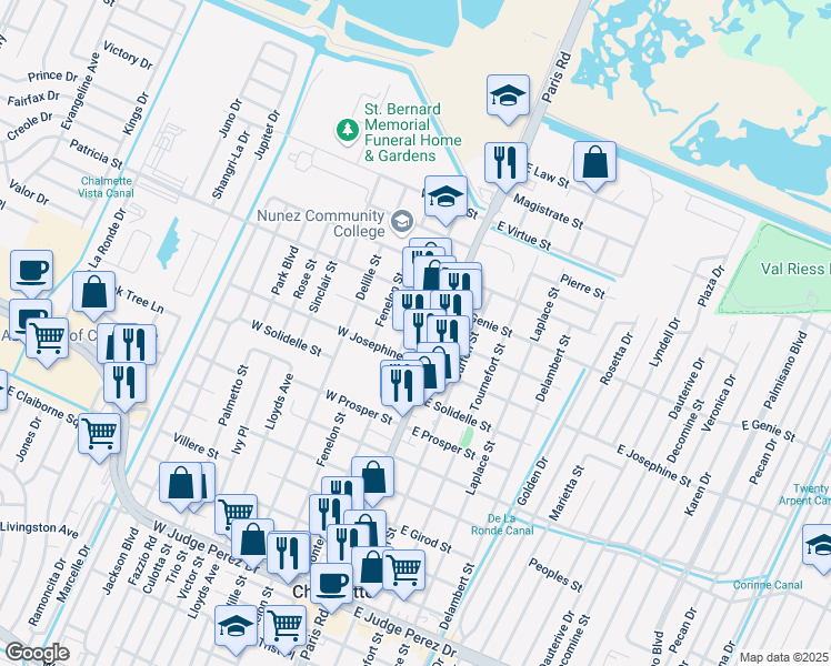 map of restaurants, bars, coffee shops, grocery stores, and more near 212 West Celestine Street in Chalmette