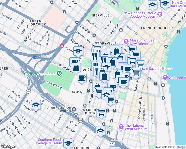 map of restaurants, bars, coffee shops, grocery stores, and more near in New Orleans