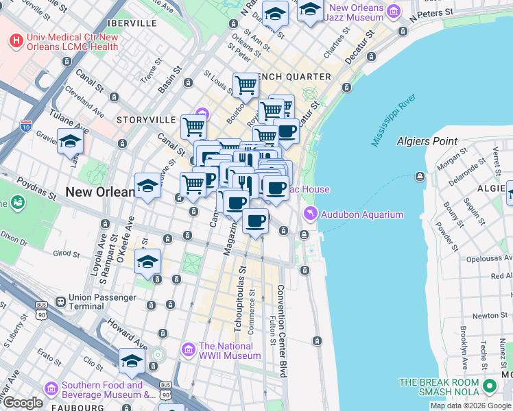 map of restaurants, bars, coffee shops, grocery stores, and more near 423 Canal Street in New Orleans