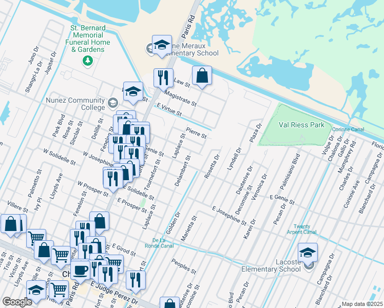 map of restaurants, bars, coffee shops, grocery stores, and more near 404 East Liberaux Street in Chalmette