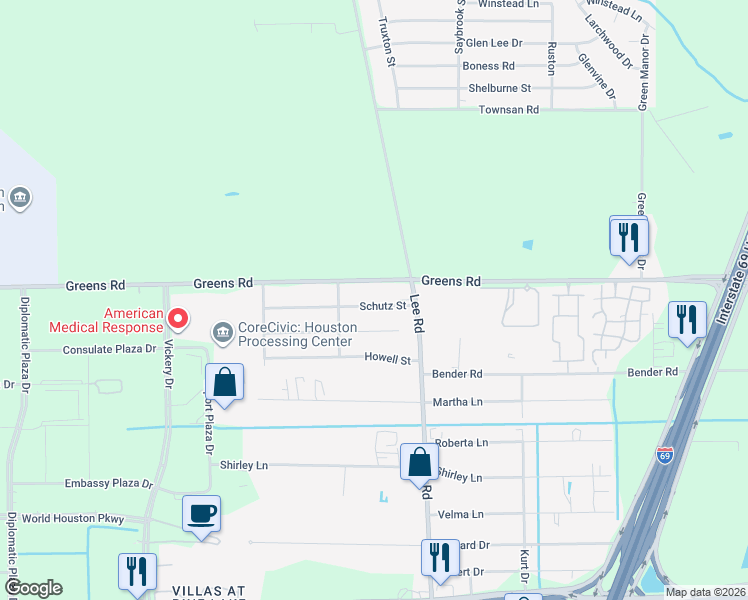 map of restaurants, bars, coffee shops, grocery stores, and more near 5738 Greens Road in Houston