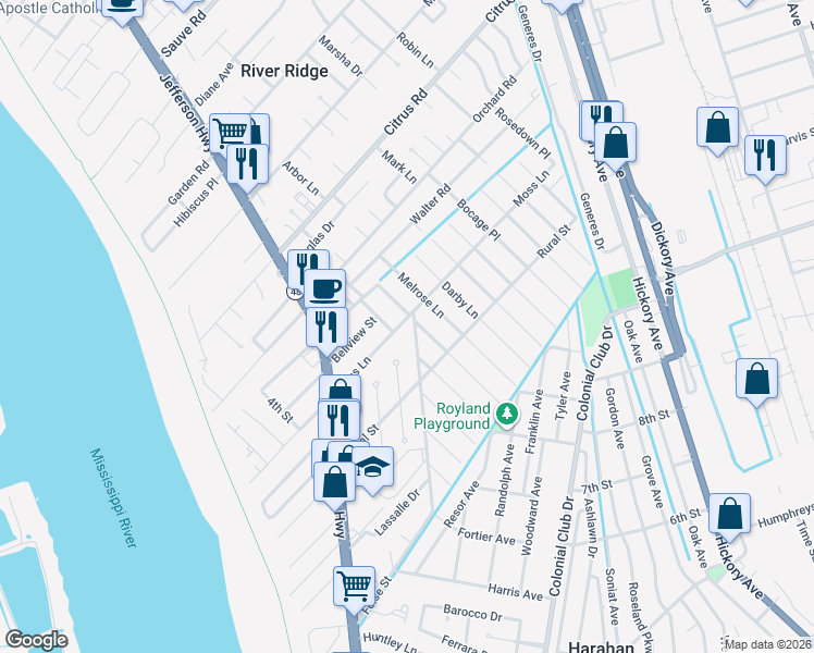 map of restaurants, bars, coffee shops, grocery stores, and more near 9120 Rosecrest Lane in River Ridge