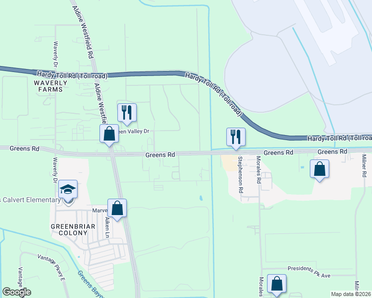 map of restaurants, bars, coffee shops, grocery stores, and more near 2503 Greens Road in Houston