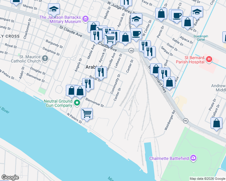 map of restaurants, bars, coffee shops, grocery stores, and more near 625 Lebeau Street in Arabi