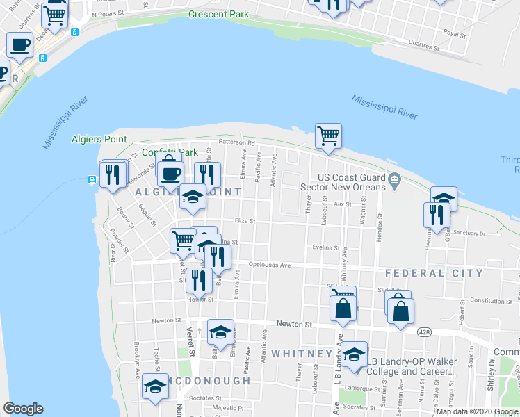 map of restaurants, bars, coffee shops, grocery stores, and more near 1020 Alix Street in New Orleans