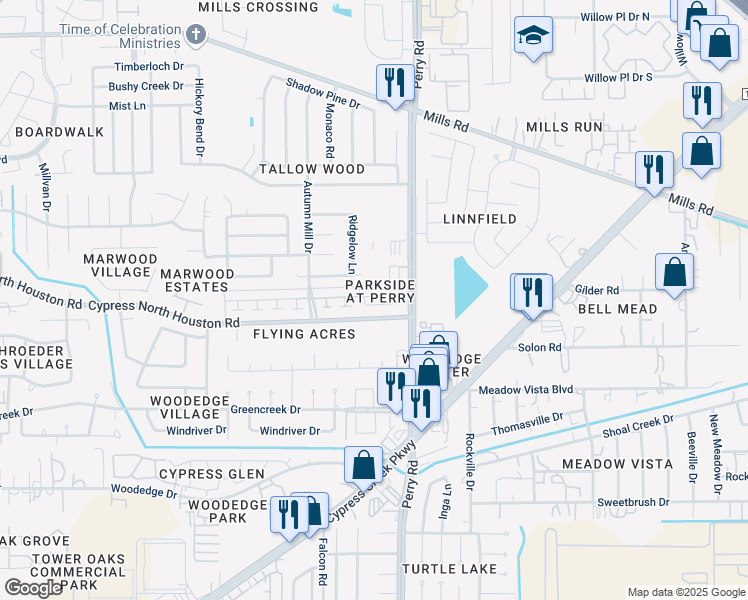 map of restaurants, bars, coffee shops, grocery stores, and more near 9526 Farrell Drive in Houston