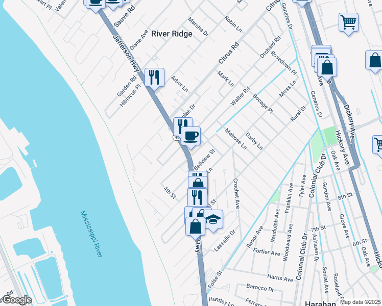 map of restaurants, bars, coffee shops, grocery stores, and more near 9301 Jefferson Highway in River Ridge