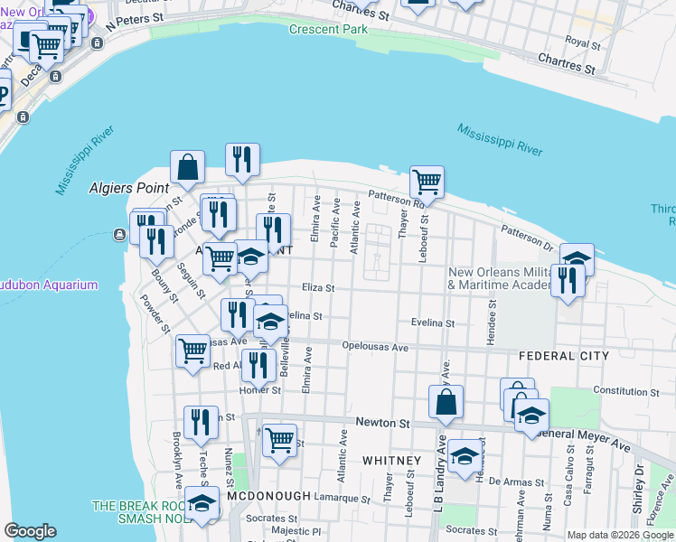 map of restaurants, bars, coffee shops, grocery stores, and more near 1020 Alix Street in New Orleans
