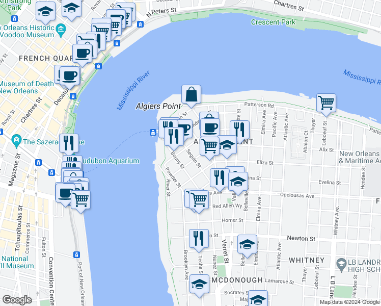 map of restaurants, bars, coffee shops, grocery stores, and more near 327 Pelican Avenue in New Orleans